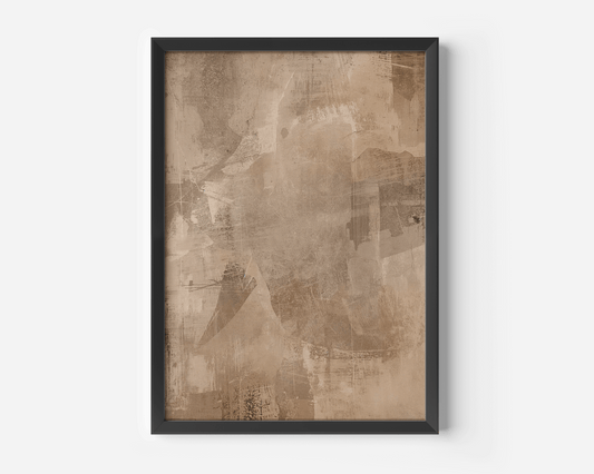 close-up of earthy beige and brown abstract art displayed in a sleek black matte frame, showing soft layered neutrals and modern minimalist styling