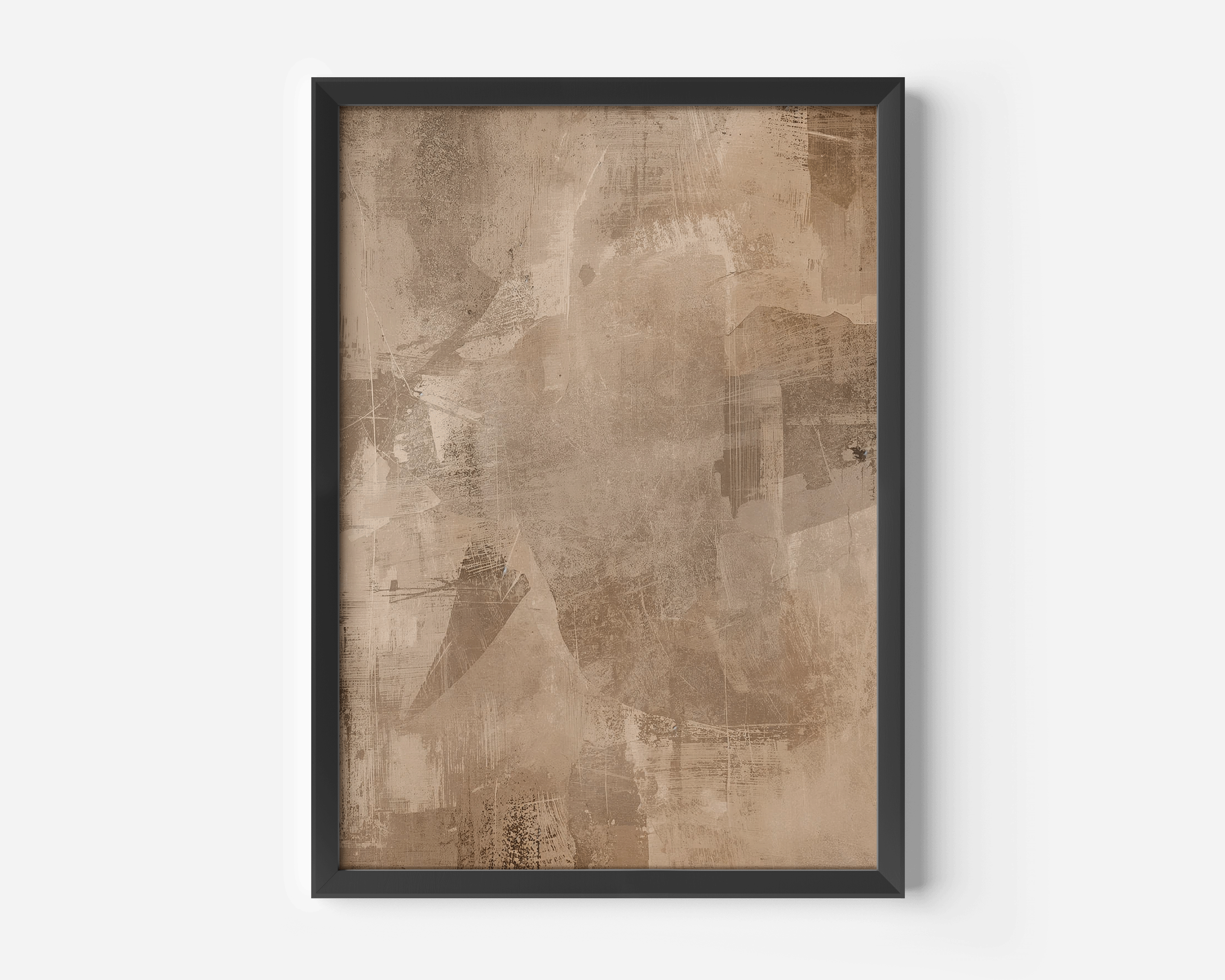 close-up of earthy beige and brown abstract art displayed in a sleek black matte frame, showing soft layered neutrals and modern minimalist styling