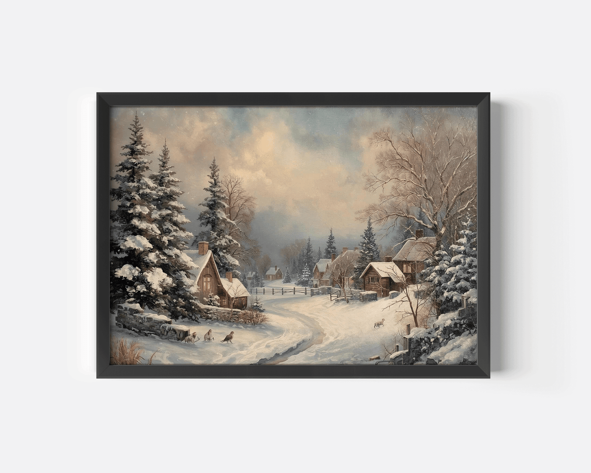 Vintage winter village print with snowy cottages and pine trees in a black frame