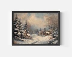 Vintage winter village print with snowy cottages and pine trees in a black frame