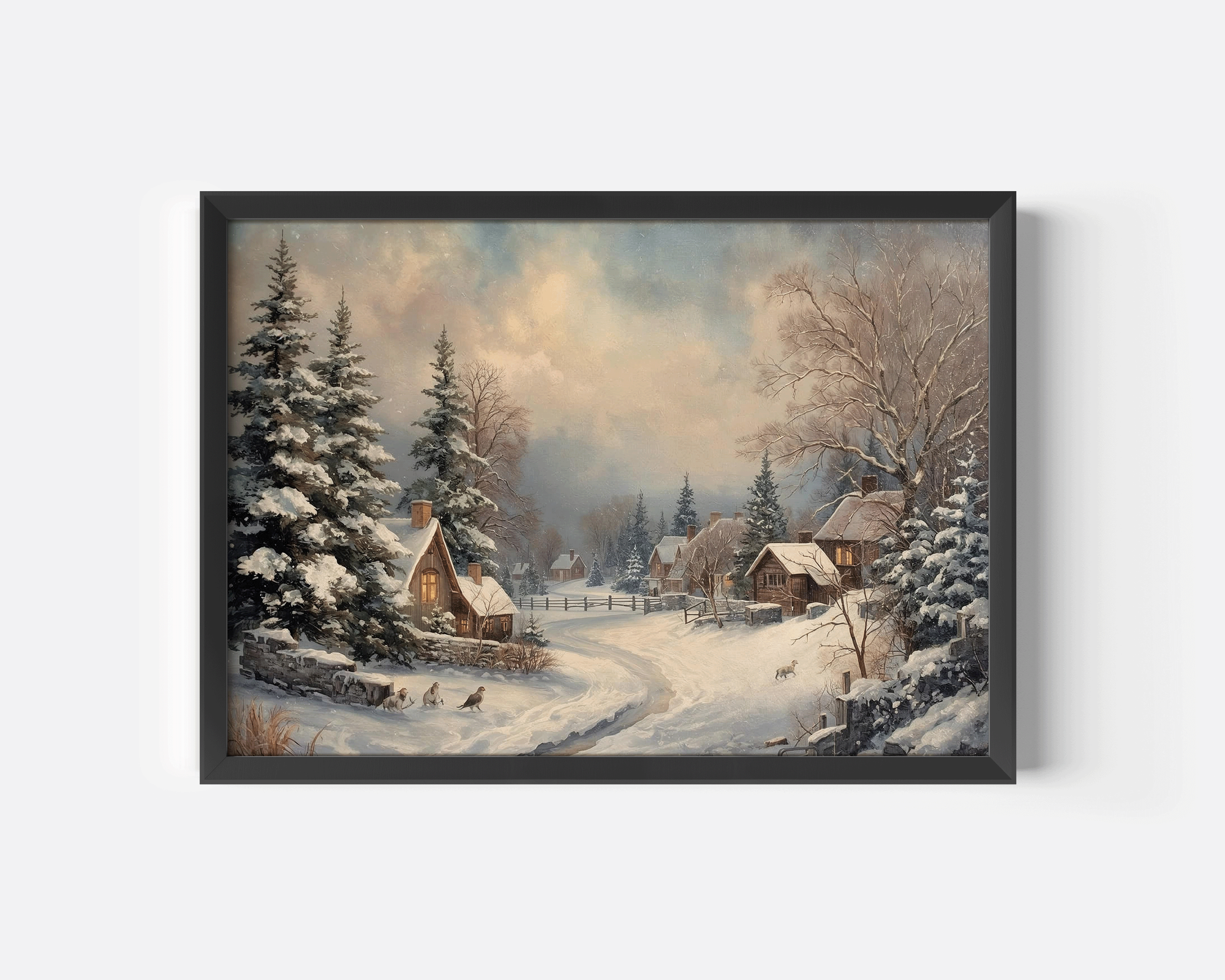 Black frame vintage winter village canvas print with snowy cottages and pine trees, perfect for living rooms and entryways seasonal holiday decor
