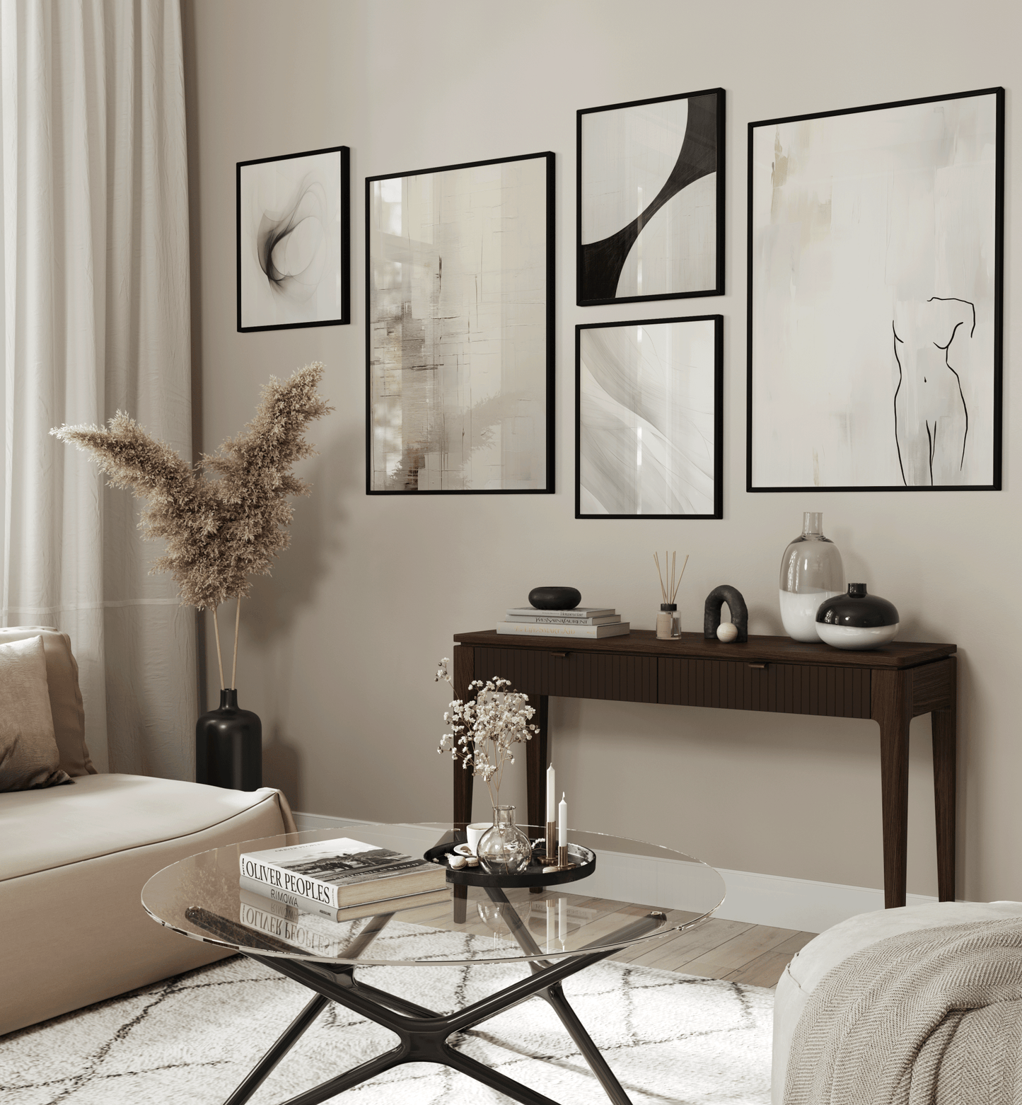 Set of large minimalist line art wall print gallery wall in black frames styled above a wooden console with glass tabletop, pampas grass, and modern neutral home accents in a modern living room