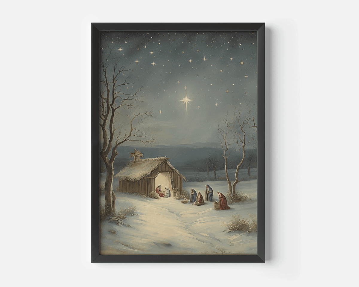 Framed nativity scene wall art with Mary, Joseph, and baby Jesus under the Star of Bethlehem, shown in a black frame on a white background.