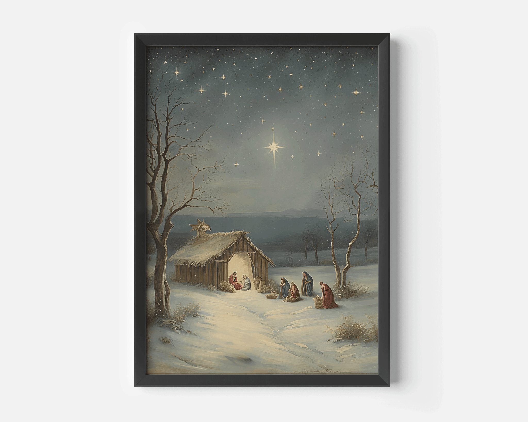 Framed nativity scene wall art with Mary, Joseph, and baby Jesus under the Star of Bethlehem, shown in a black frame on a white background.