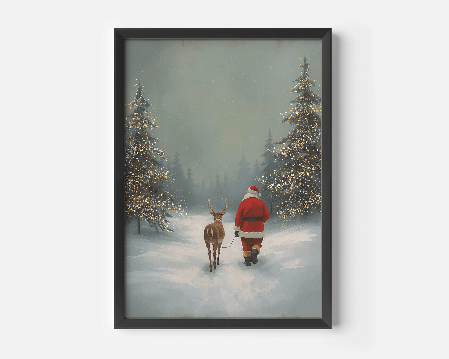 Black framed Christmas canvas print of vintage Santa walking with a reindeer through a snowy forest, ideal for seasonal wall art in a hallway, entryway, or cozy living room