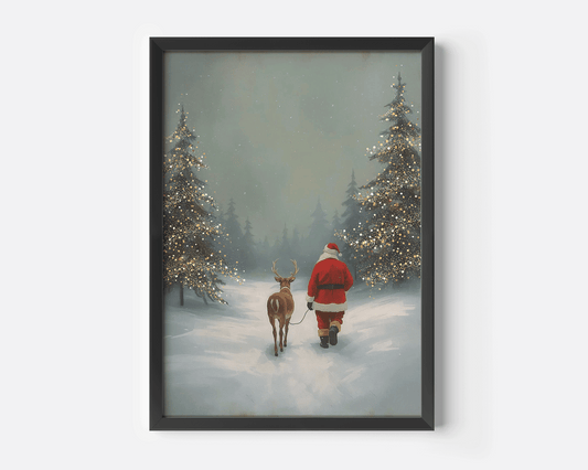 Black framed Christmas canvas print of vintage Santa walking with a reindeer through a snowy forest, ideal for seasonal wall art in a hallway, entryway, or cozy living room