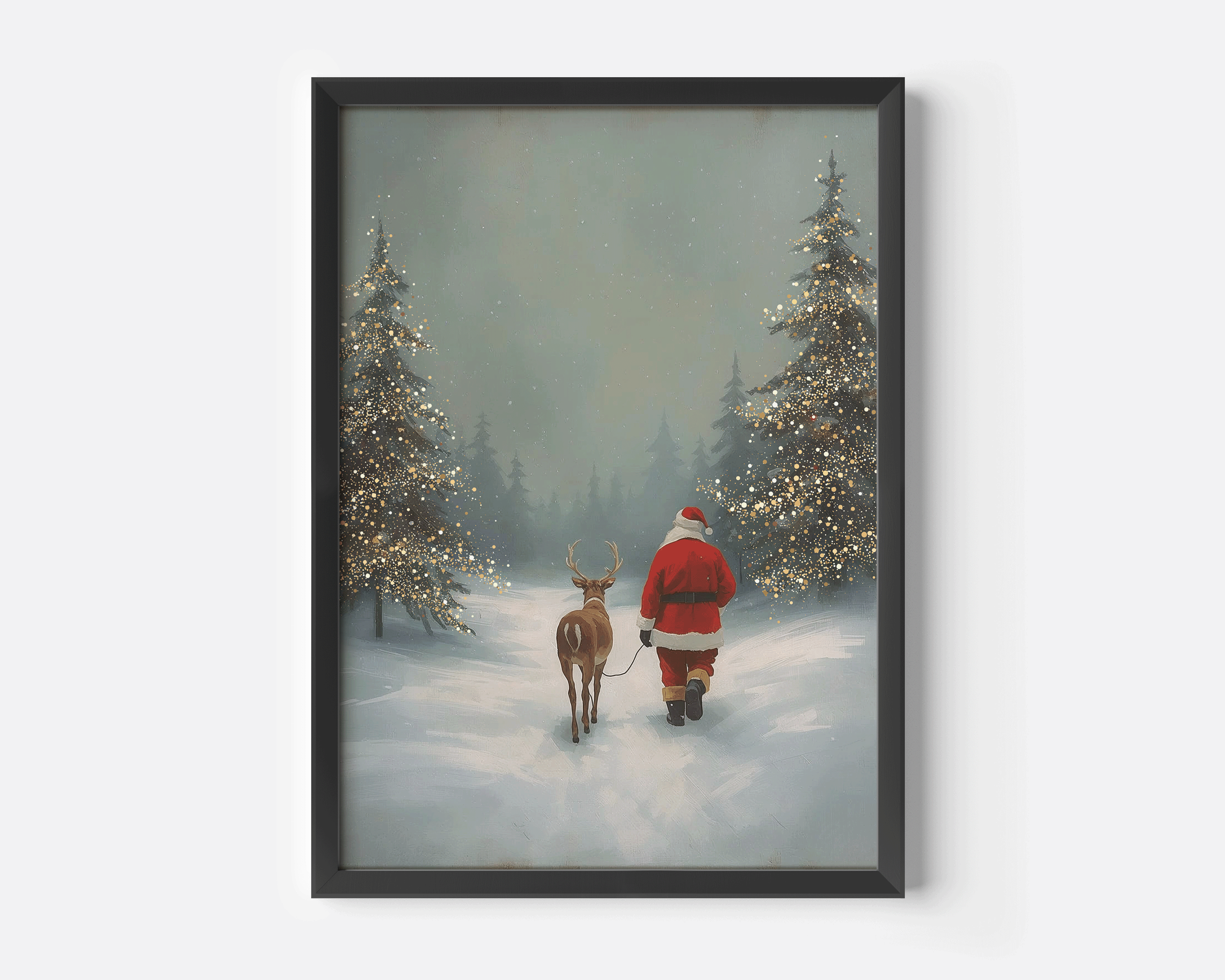 Black framed Christmas canvas print of vintage Santa walking with a reindeer through a snowy forest, ideal for seasonal wall art in a hallway, entryway, or cozy living room