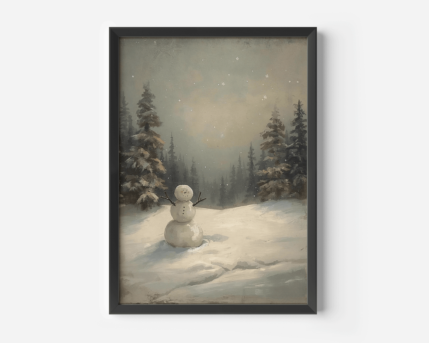 Moody snowman canvas print with pine trees and falling snow in black gallery frame
