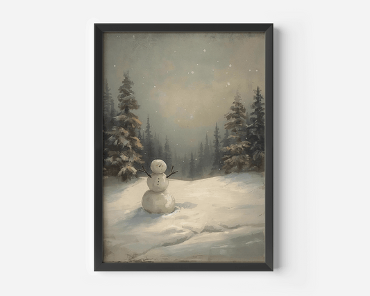 Moody snowman canvas print with pine trees and falling snow in black gallery frame