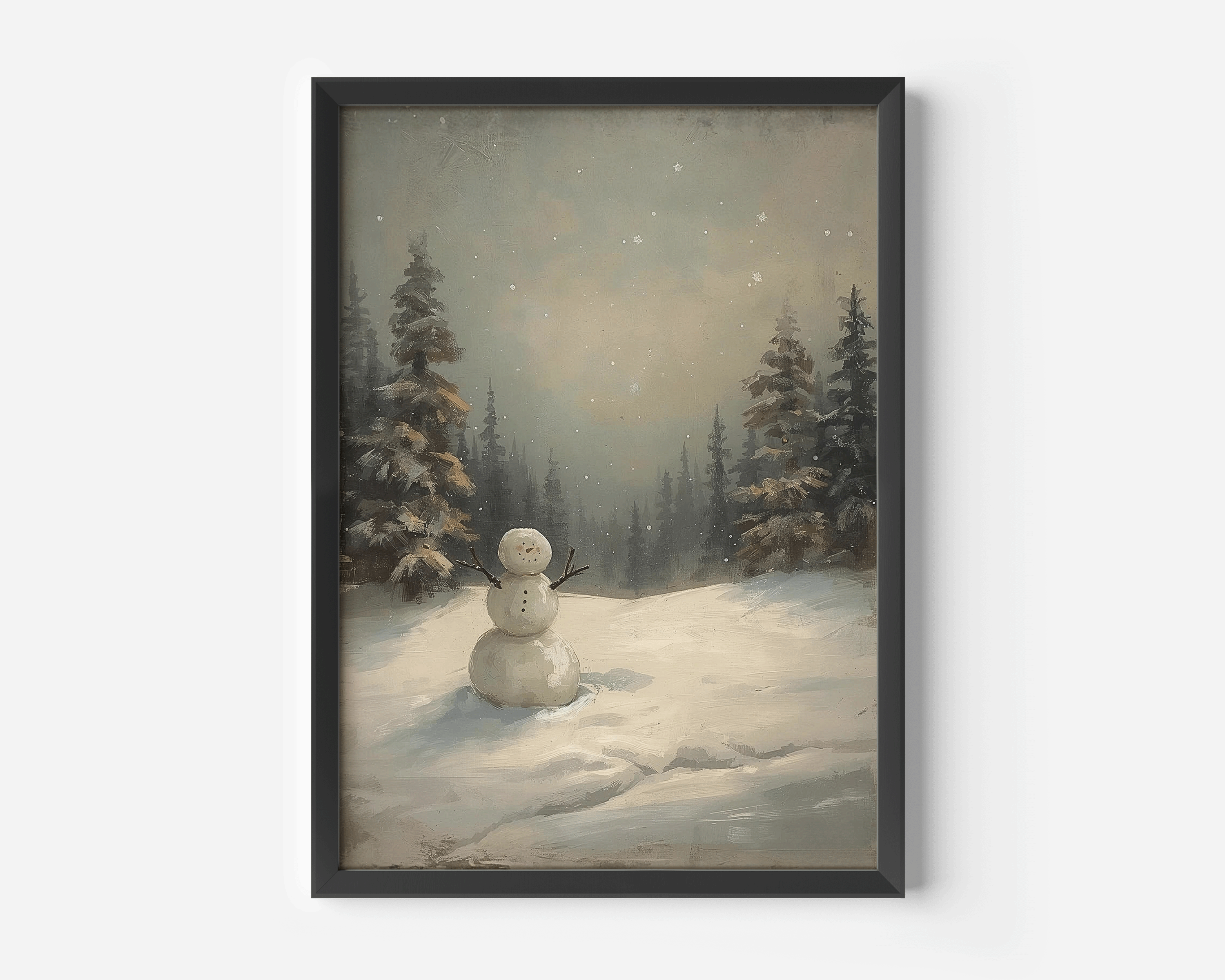 Moody snowman canvas print with pine trees and falling snow in black gallery frame
