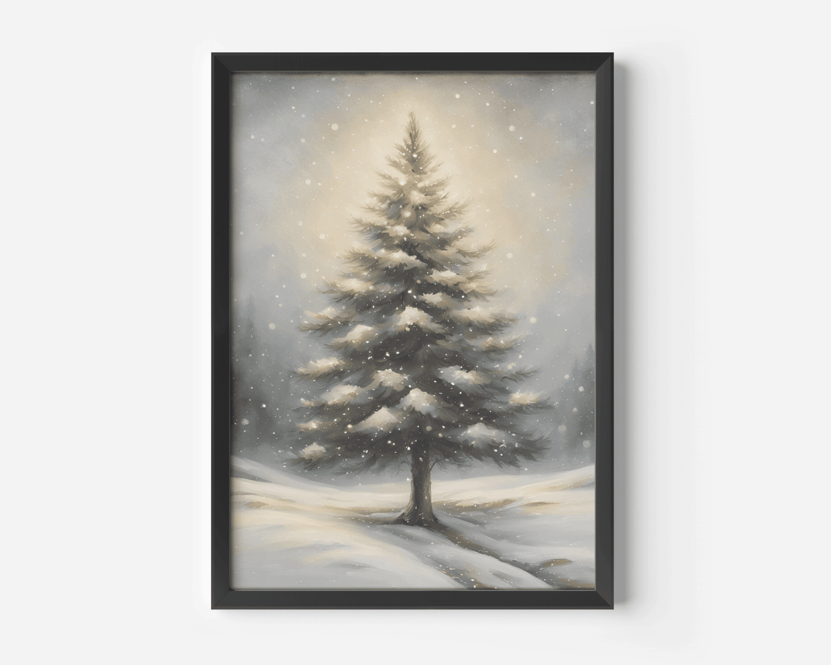 Black-frame snowy pine tree wall art print with soft snow detail and warm winter glow in minimalist setting