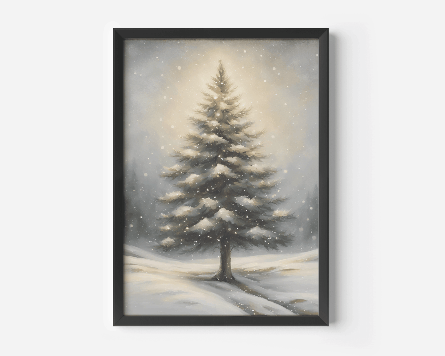 Black-frame snowy pine tree wall art print with soft snow detail and warm winter glow in minimalist setting