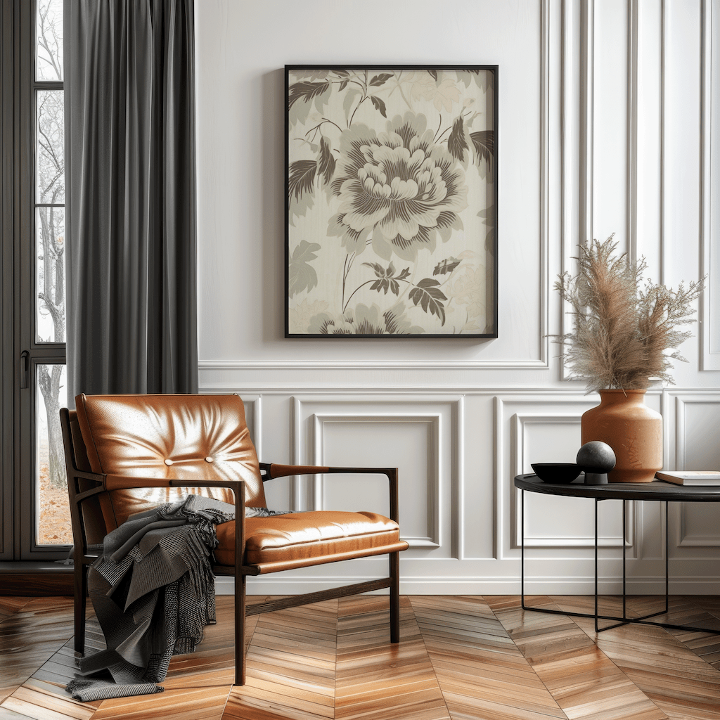Vintage green floral wall art framed with beige and muted green hues, and styled in elegant living room with brown leather chair and wooden herringbone floors
