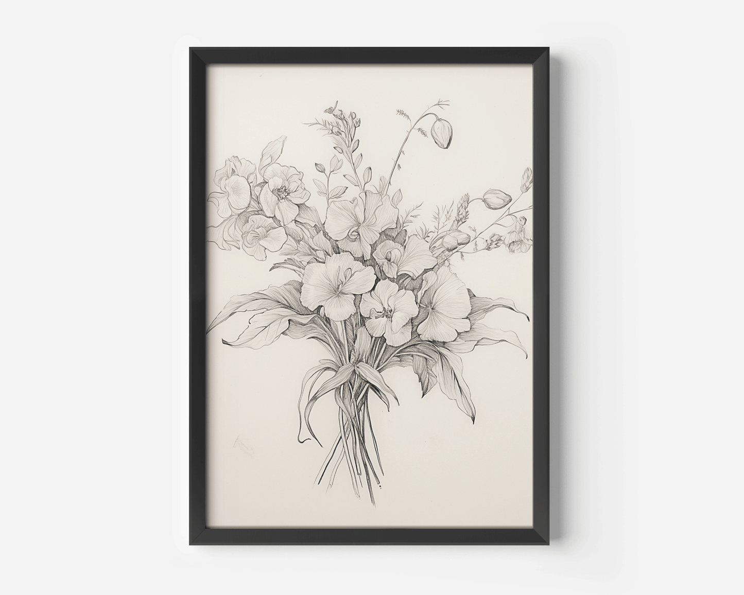 A beautiful vintage floral bouquet large wall art sketch with a black frame on a beige background