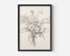 A beautiful vintage floral bouquet large wall art sketch with a black frame on a beige background