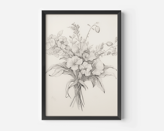 A beautiful vintage floral bouquet large wall art sketch with a black frame on a beige background