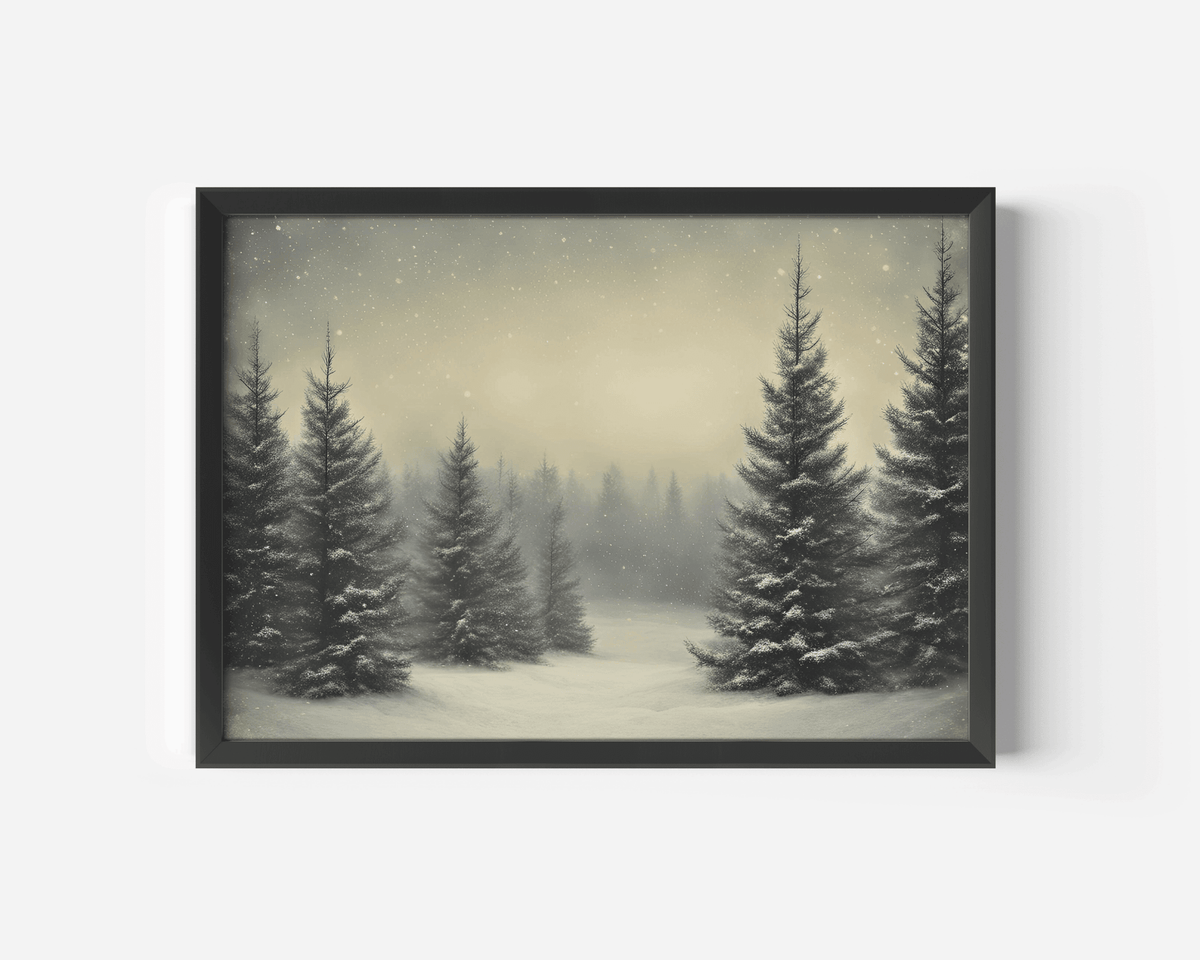 Snowy pine tree forest print in a black frame with snow falling under a pale gold sky