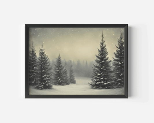 Vintage snowy pine tree nature landscape canvas wall art with a black frame showing a serene winter forest with green trees, snow falling from the sky and on the ground, under a pale gold sky