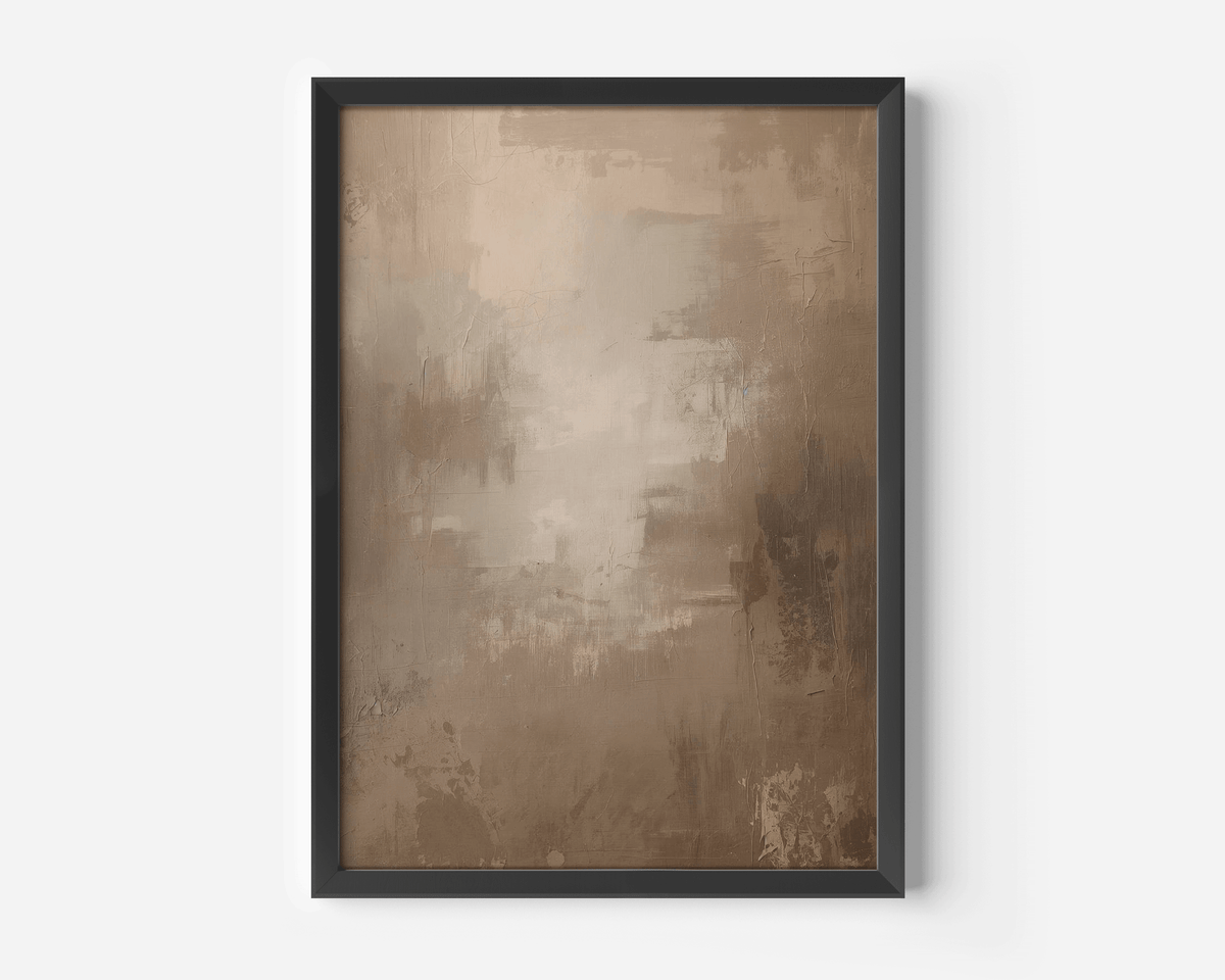 close-up of warm neutral abstract wall art in black frame with soft beige and brown tones, smooth painterly wabi sabi blend