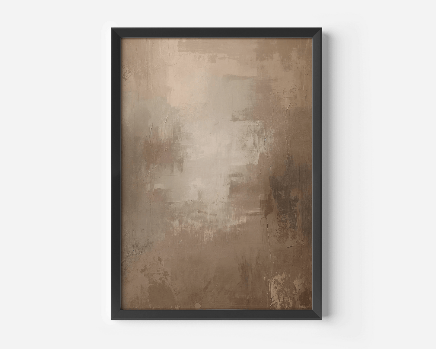 close-up of warm neutral abstract art in a sleek black matte frame showing soft beige and brown tones, smooth painterly blends, and subtle wabi-sabi imperfections in a modern minimal style