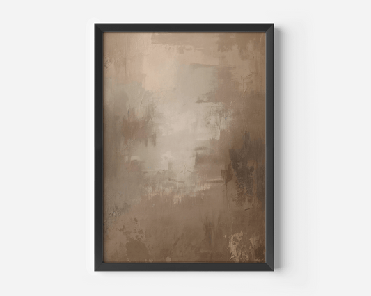 close-up of warm neutral abstract art in a sleek black matte frame showing soft beige and brown tones, smooth painterly blends, and subtle wabi-sabi imperfections in a modern minimal style