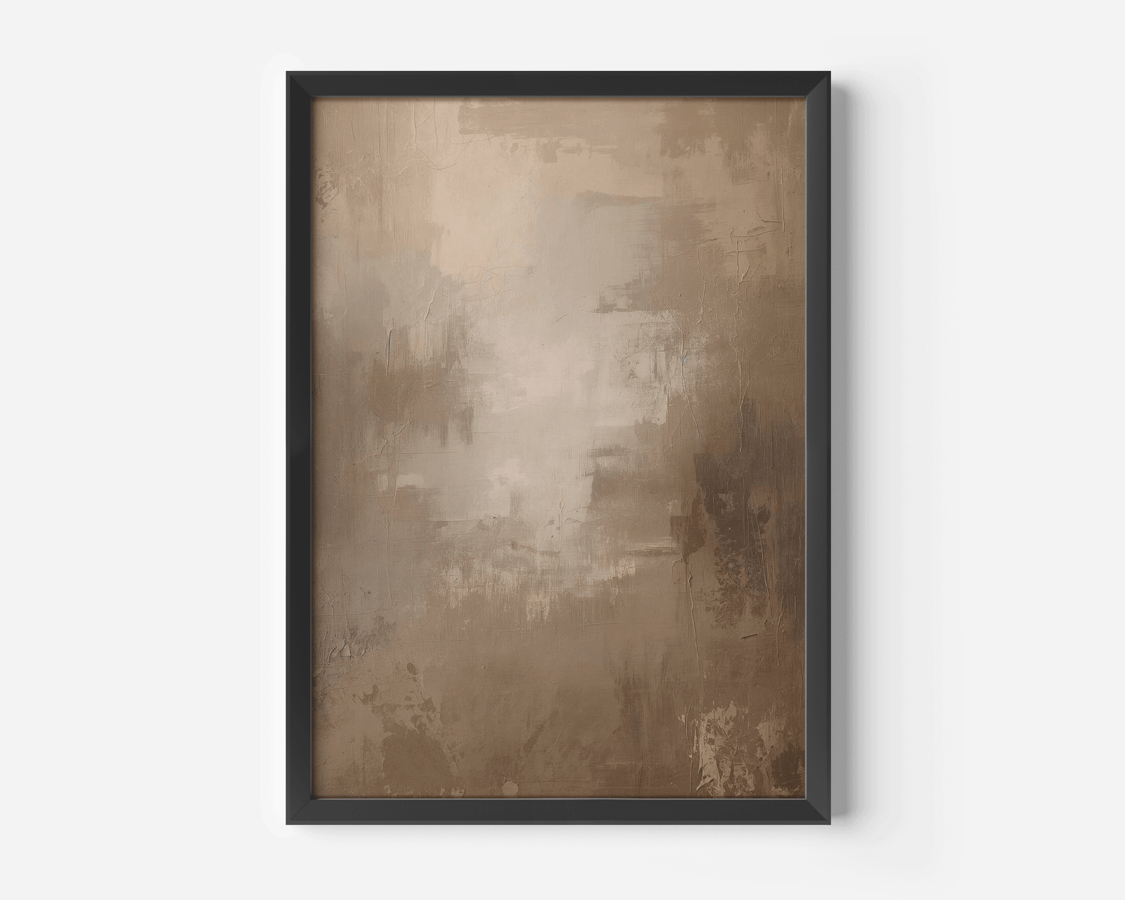 close-up of warm neutral abstract wall art in black frame with soft beige and brown tones, smooth painterly wabi sabi blend