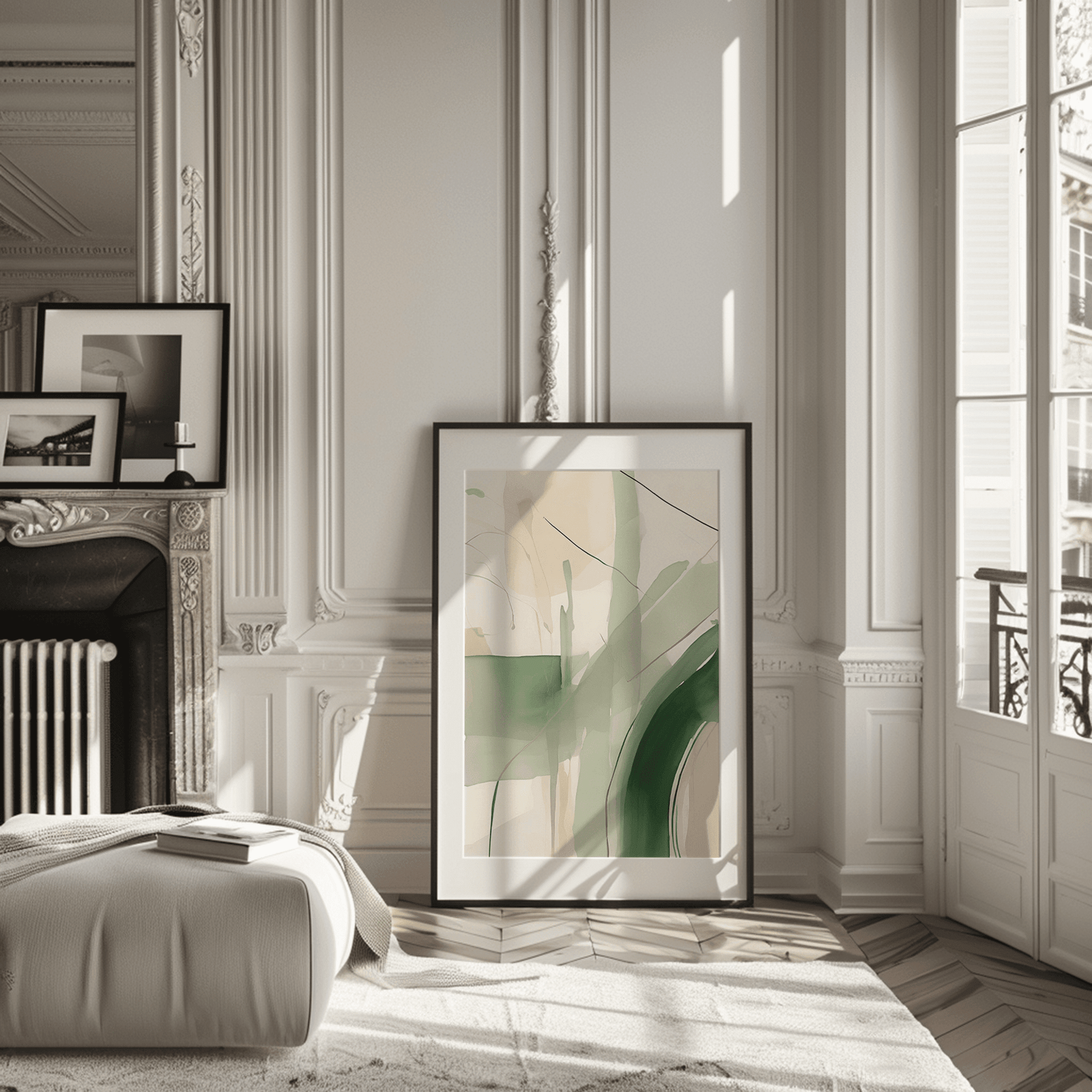 Beige and green abstract wall art leaning against a wall in a Parisian-style living room with natural light and architectural detailing