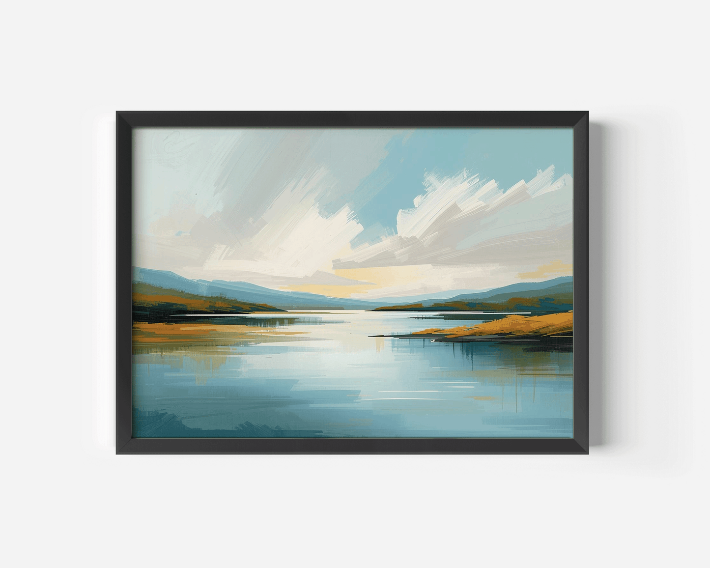 Black framed blue coastal nature landscape canvas wall art for modern minimalist home