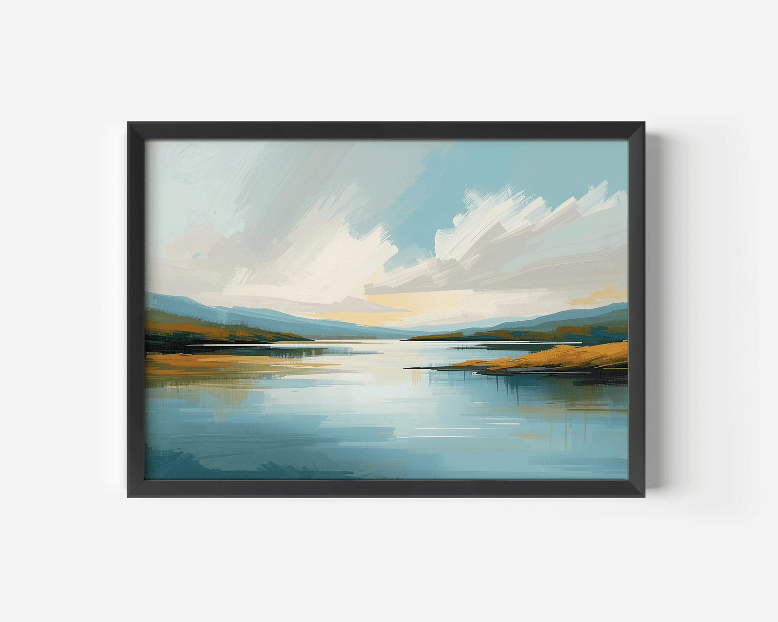 Black framed blue coastal nature landscape canvas wall art for modern minimalist home