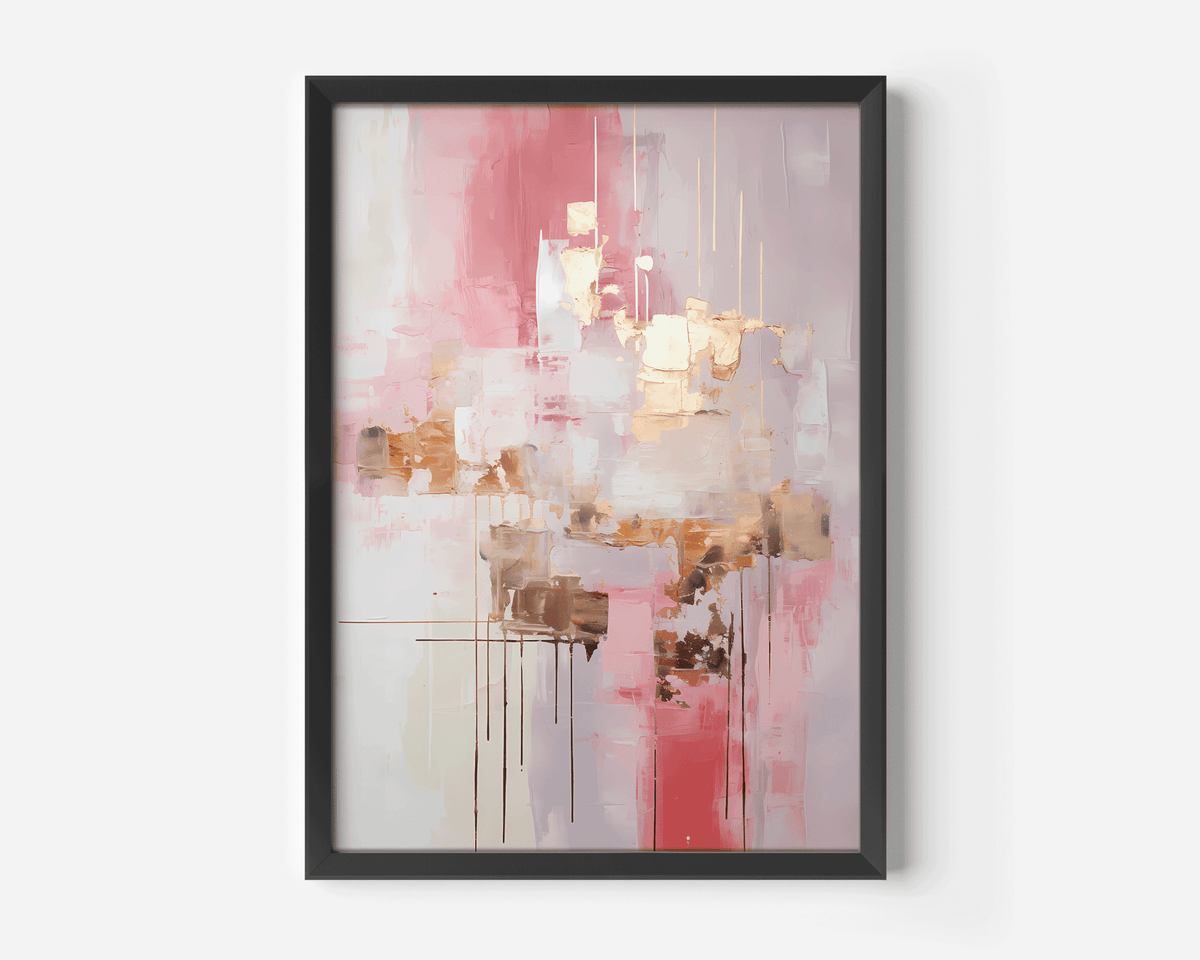 Large white, pink and gold abstract canvas wall art with a black frame on a white wall.