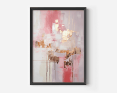 Large white, pink and gold abstract canvas wall art with a black frame on a white wall.