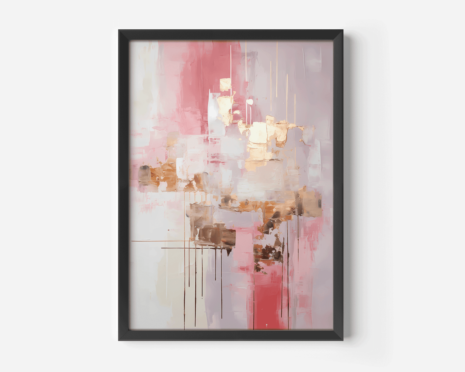 Large white, pink and gold abstract canvas wall art with a black frame on a white wall.