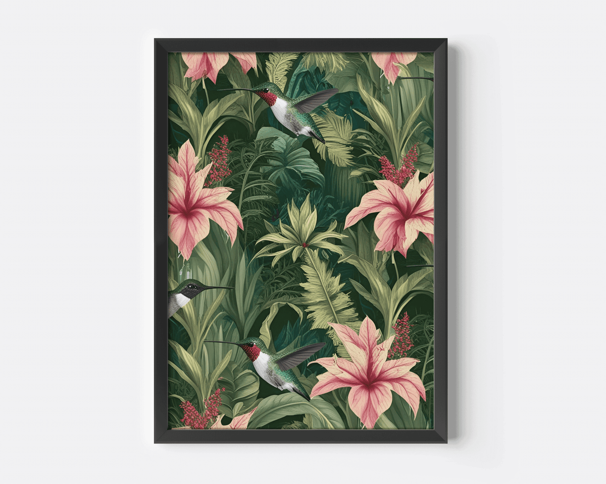 Tropical hummingbird print with pink lilies and lush green leaves