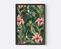 Tropical hummingbird print with pink lilies and lush green leaves