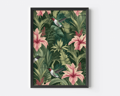Tropical hummingbird wall art featuring pink lilies and lush green leaves — modern botanical wall art for living room or dining area