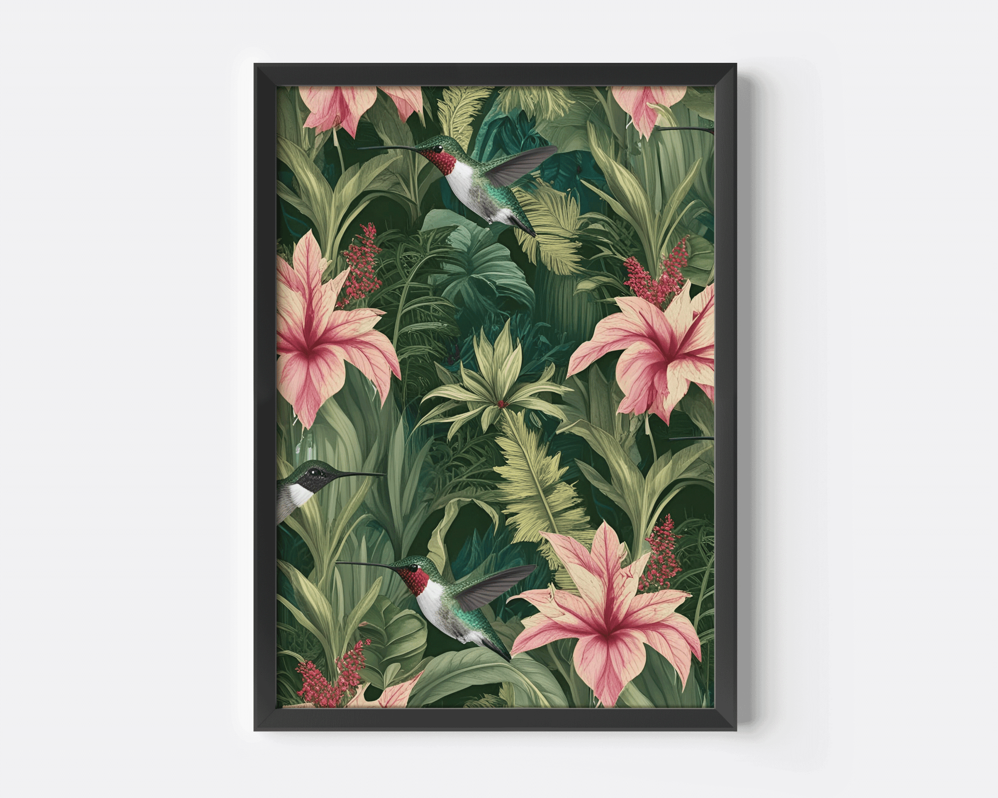 Tropical hummingbird wall art featuring pink lilies and lush green leaves — modern botanical wall art for living room or dining area