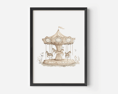 Close-up of black-framed vintage carousel baby girl nursery print on the wall featuring beige and pastel tones of horses and butterflies
