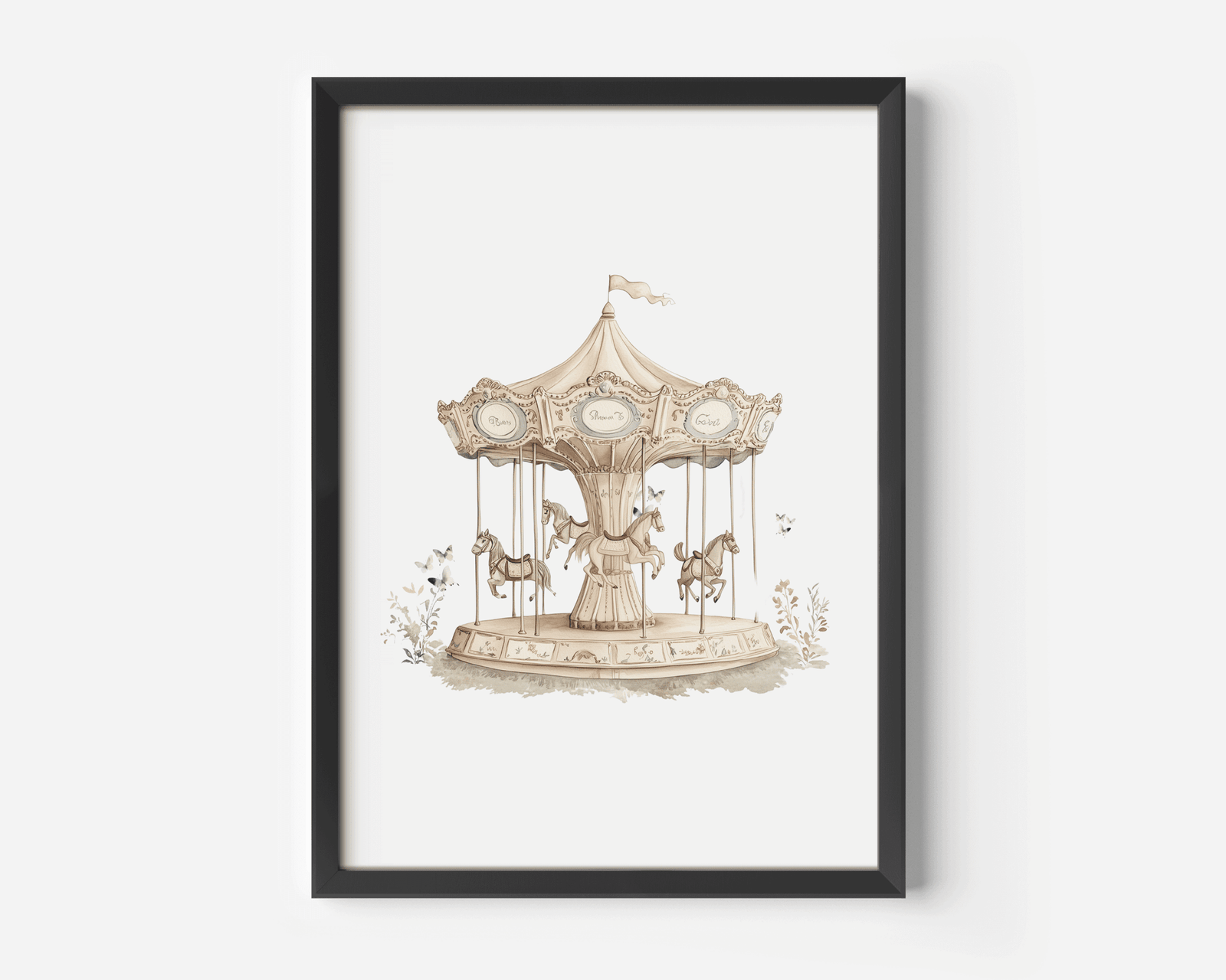 Close-up of black-framed vintage carousel baby girl nursery print on the wall featuring beige and pastel tones of horses and butterflies