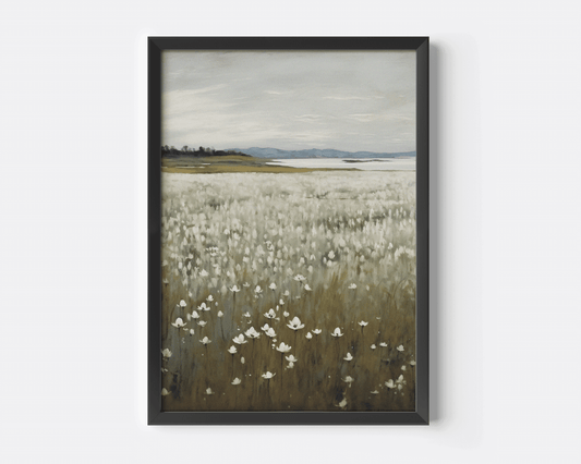 Black-framed canvas print featuring a muted vintage nature landscape with delicate wildflowers and soft hills, ideal for rustic living rooms, dining rooms, hallways, or cottagecore home decor.