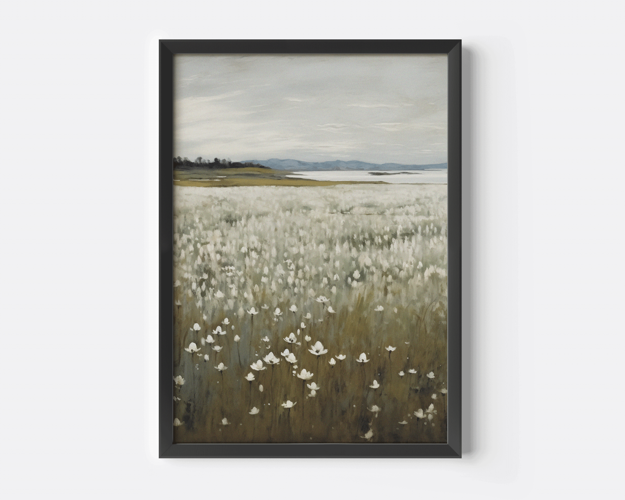 Black-framed canvas print featuring a muted vintage nature landscape with delicate wildflowers and soft hills, ideal for rustic living rooms, dining rooms, hallways, or cottagecore home decor.
