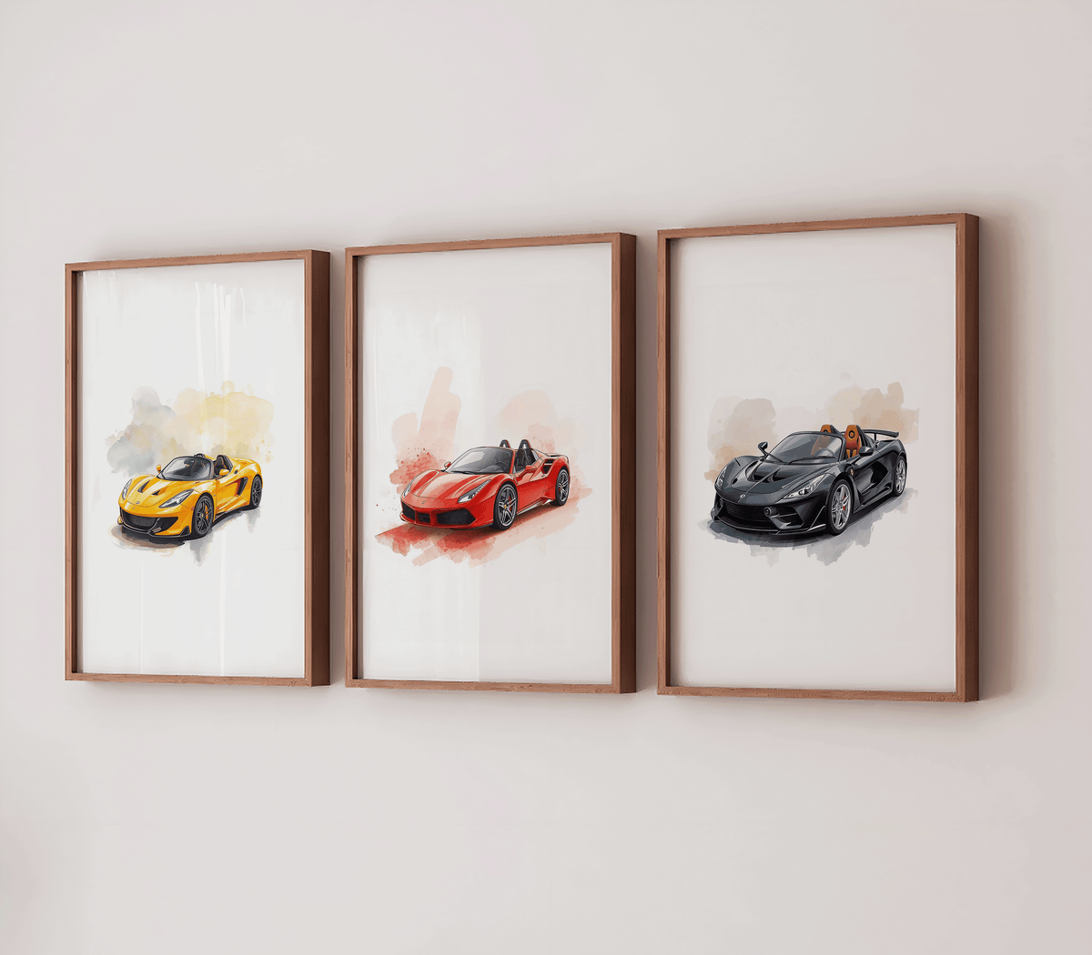 Gallery wall of three watercolour sports car prints in brown wooden frames, featuring the black car