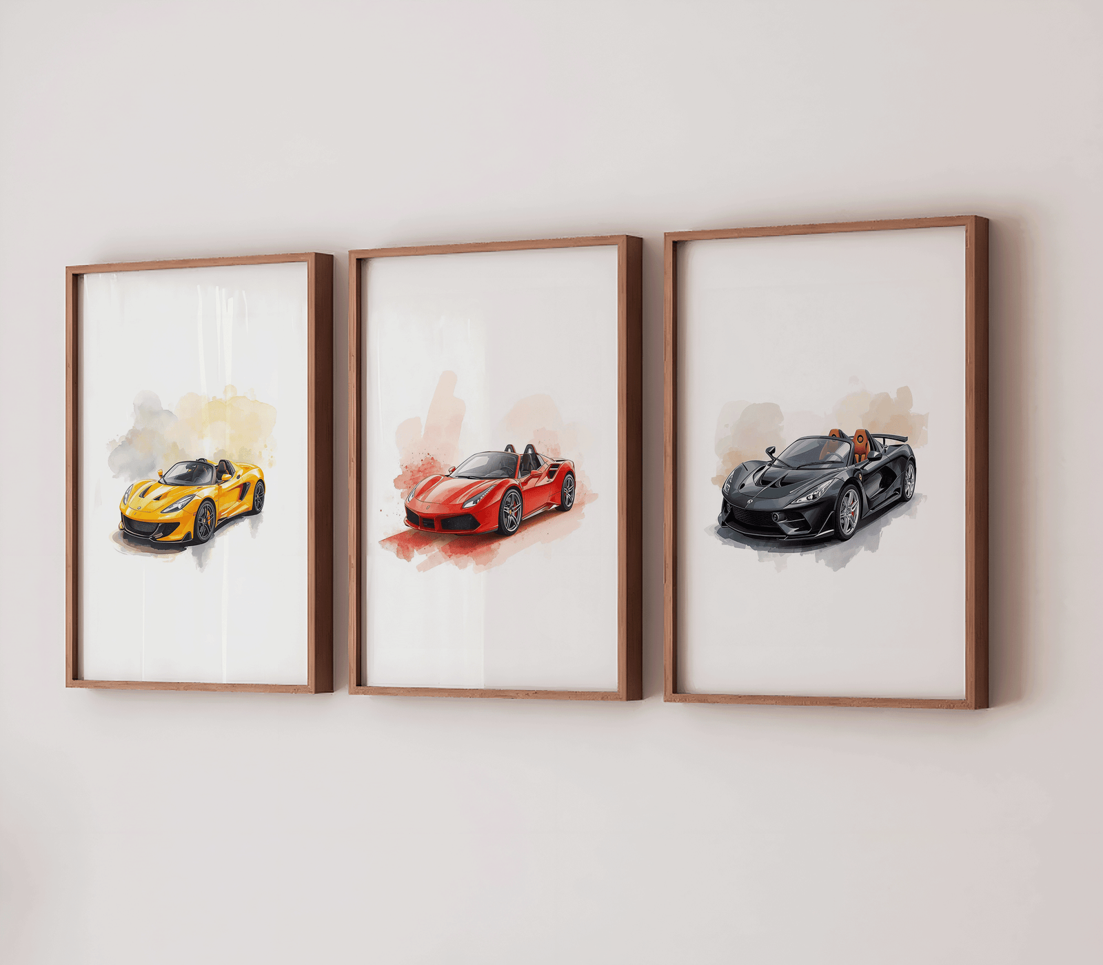 Modern gallery wall displaying three kids sports car illustrations framed with wooden brown frames, focusing on a sleek black watercolor car with glossy reflections and warm beige background washes; reminiscent of hot wheels car wall art for boys bedrooms.