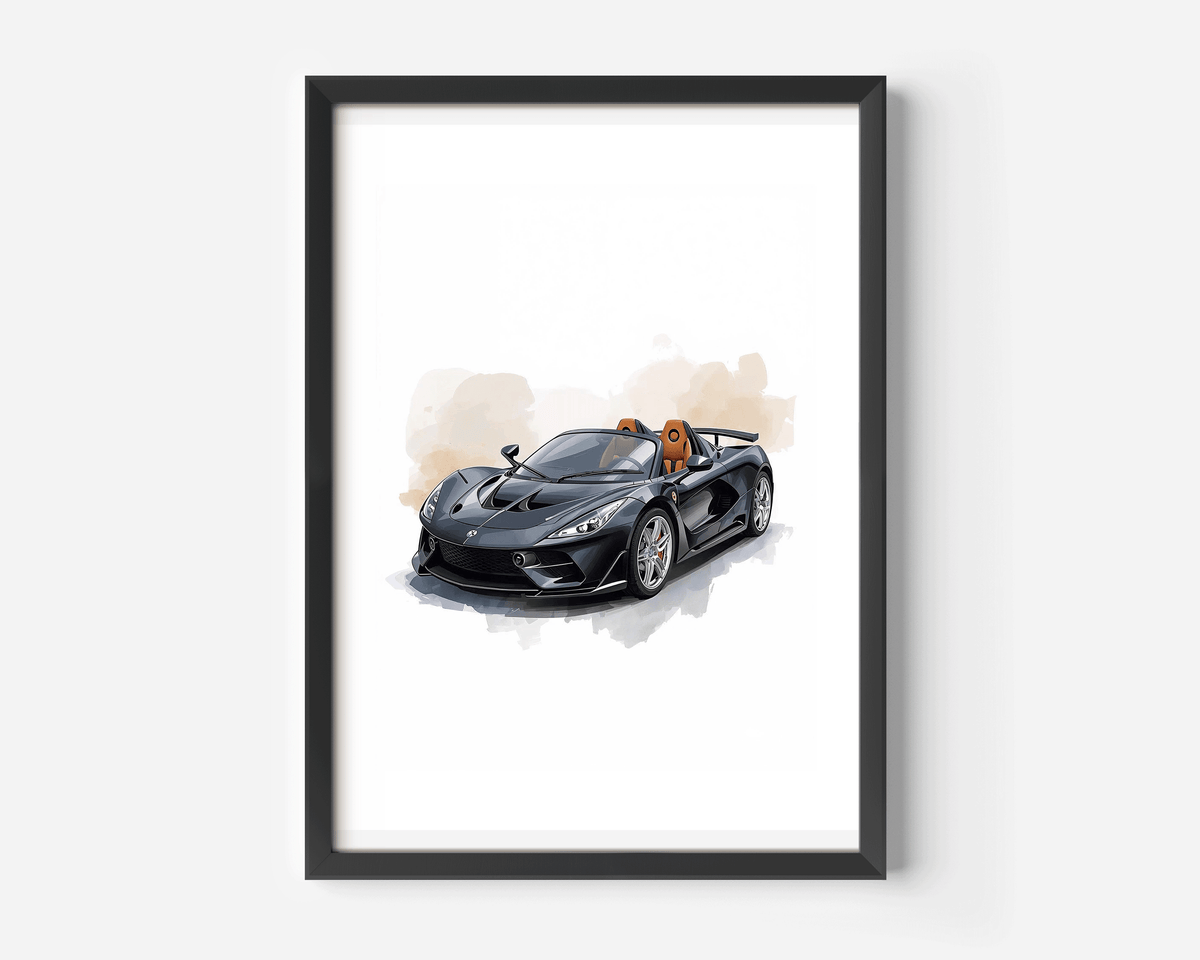Black watercolour sports car print in a black frame on a white wall