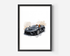 Black watercolour sports car print in a black frame on a white wall