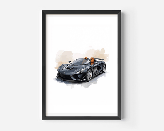 Framed black watercolor sports car illustration with detailed headlights, glossy reflections, orange sport seats, and soft beige watercolor splashes on a bright white background; ideal for boys who love fast cars and hot wheels car wall art