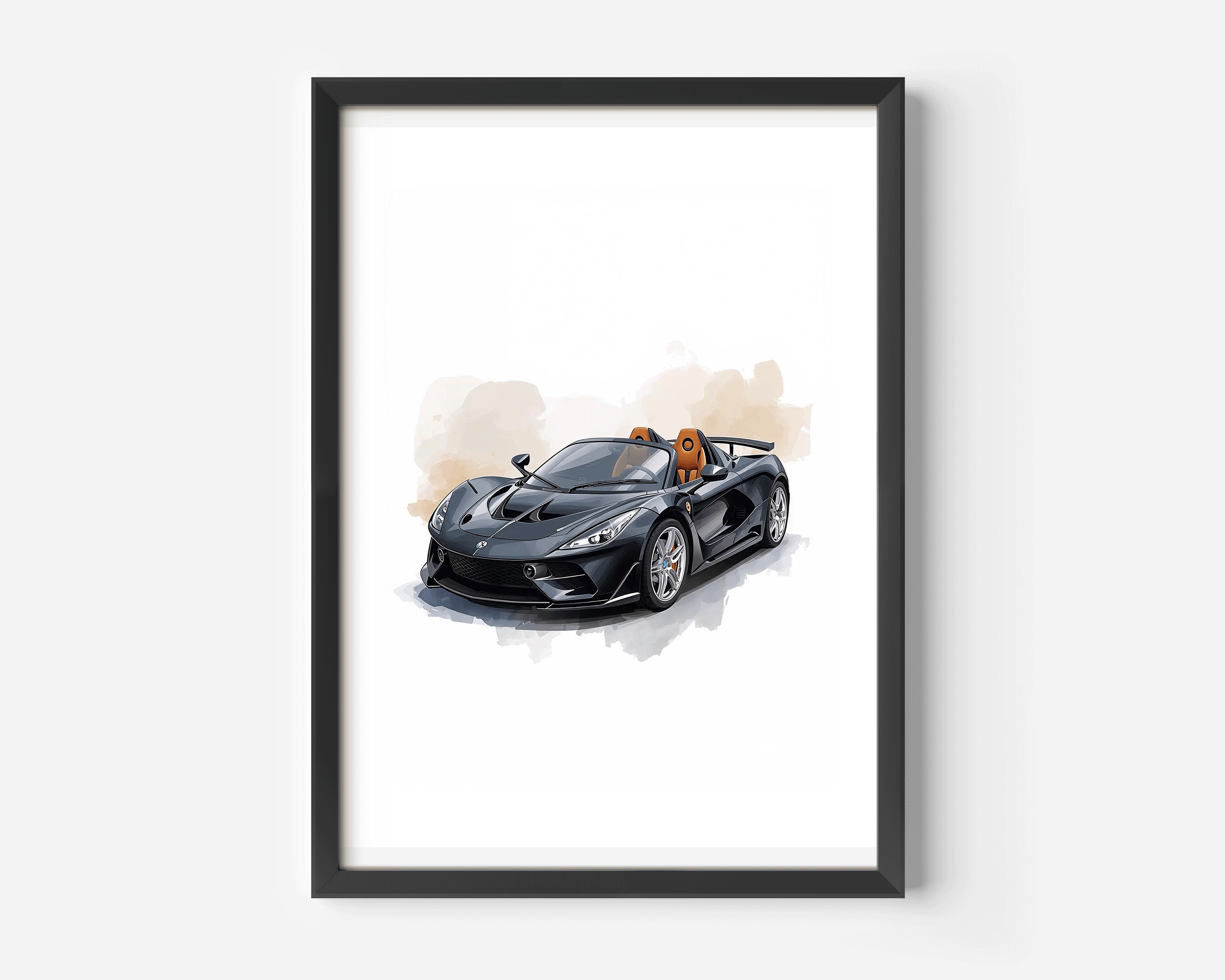 Framed black watercolor sports car illustration with detailed headlights, glossy reflections, orange sport seats, and soft beige watercolor splashes on a bright white background; ideal for boys who love fast cars and hot wheels car wall art