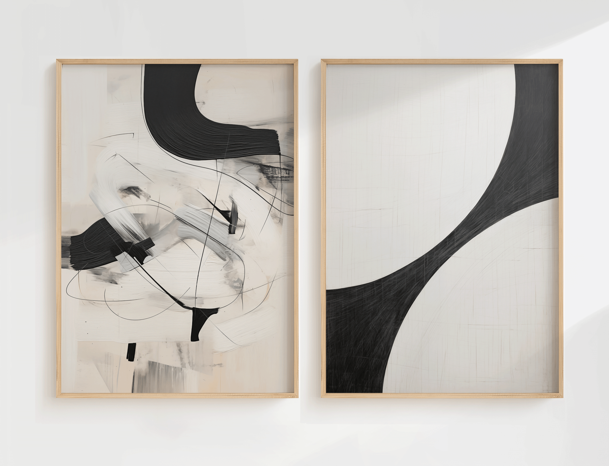 Set of two framed black and white abstract prints—curved arc and oil painting like brush strokes—displayed side by side on a white wall.