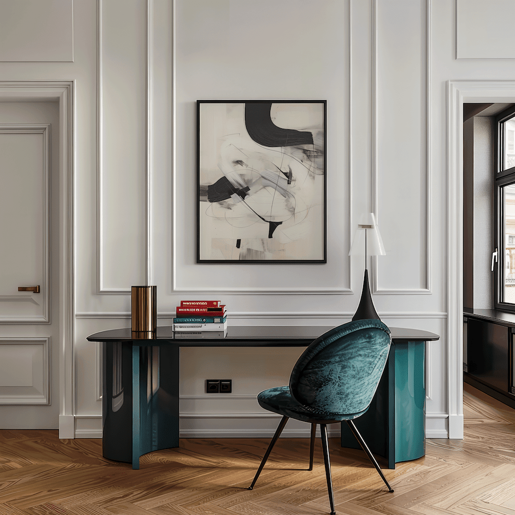 Large framed black and white abstract wall art hung above a sleek desk in a classic white home office.