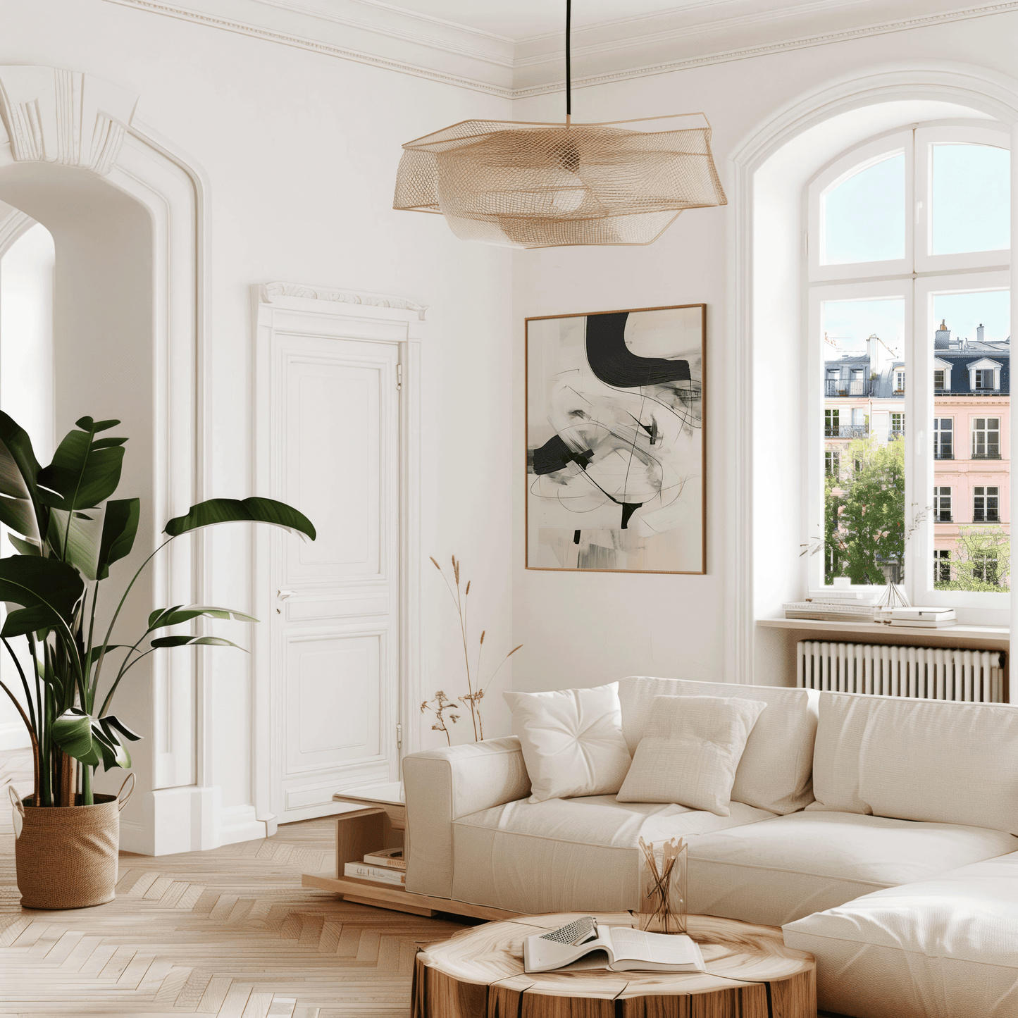 Framed black and white abstract artwork over a sofa on a warm beige wall with large windows and natural sunlight.