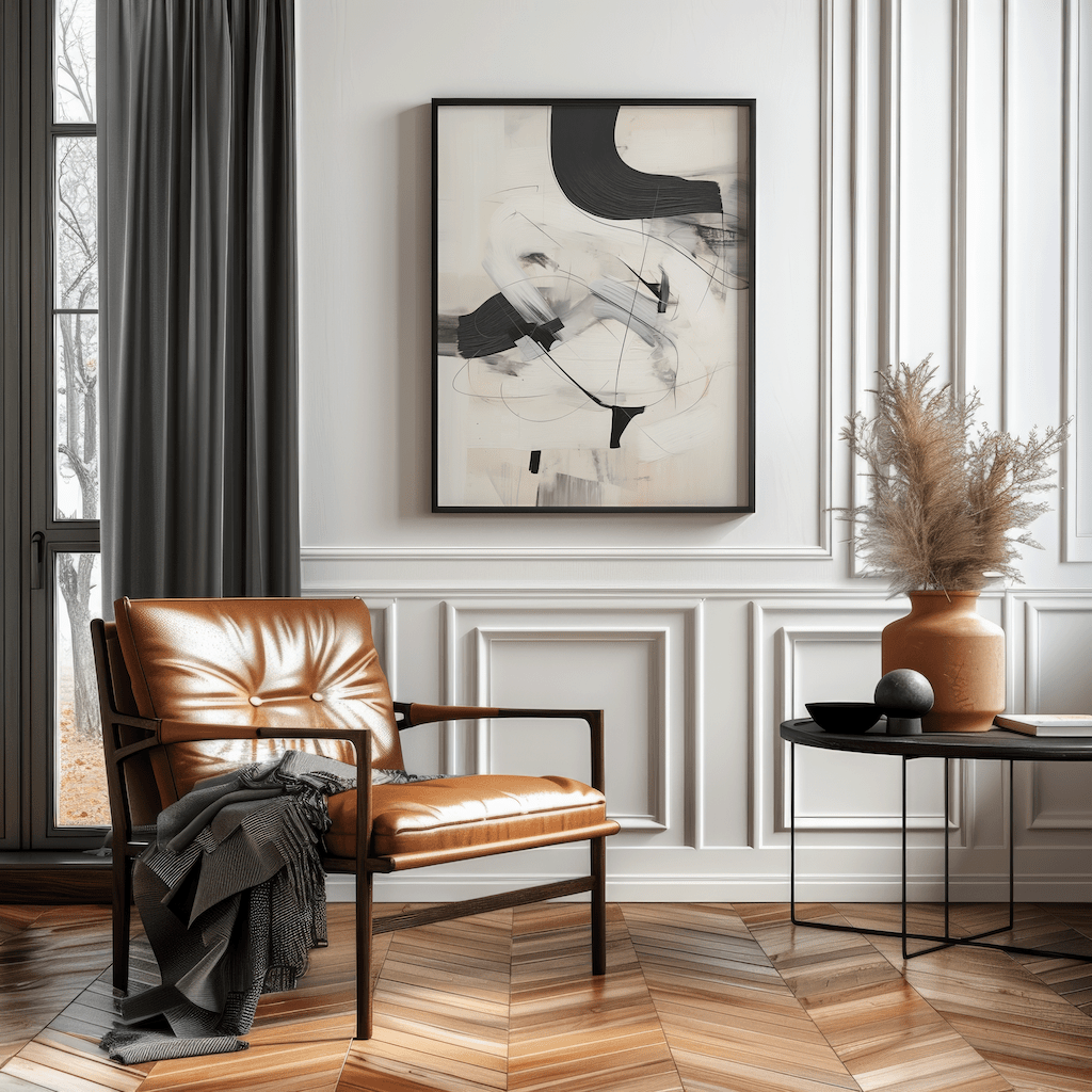 Black framed black and white abstract print in a reading nook with a leather chair and pampas.
